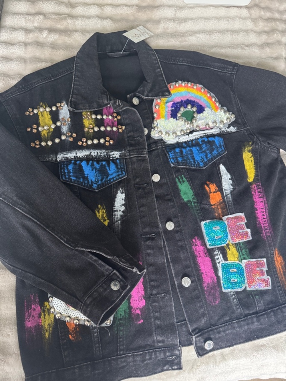 Embellished Black Denim Jacket with Rainbow & 'BE' Patches
